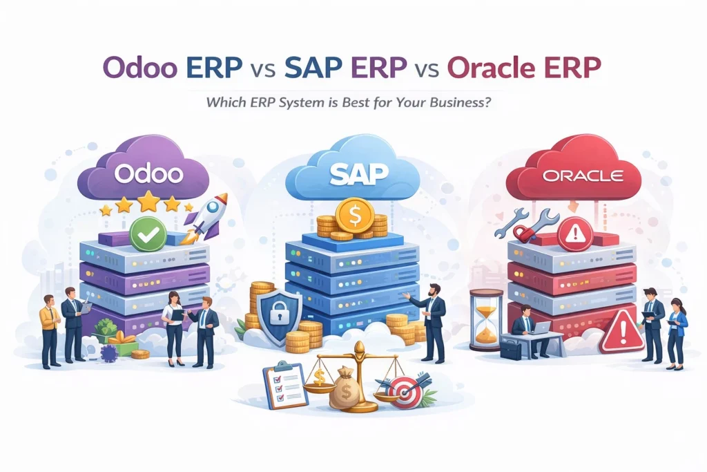 Comparison infographic of Odoo ERP vs SAP ERP vs Oracle ERP illustrating different business software solutions.