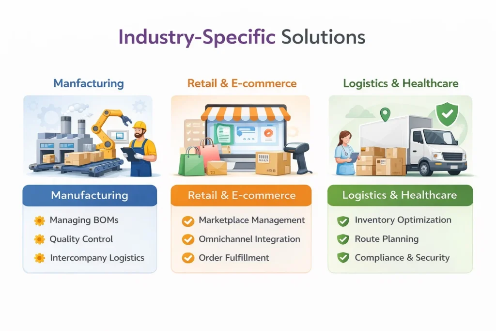 Custom Odoo migration services tailored for key industries including manufacturing, retail, e-commerce, logistics, and healthcare, with solutions for BOM, quality control, inventory optimization, and compliance.
