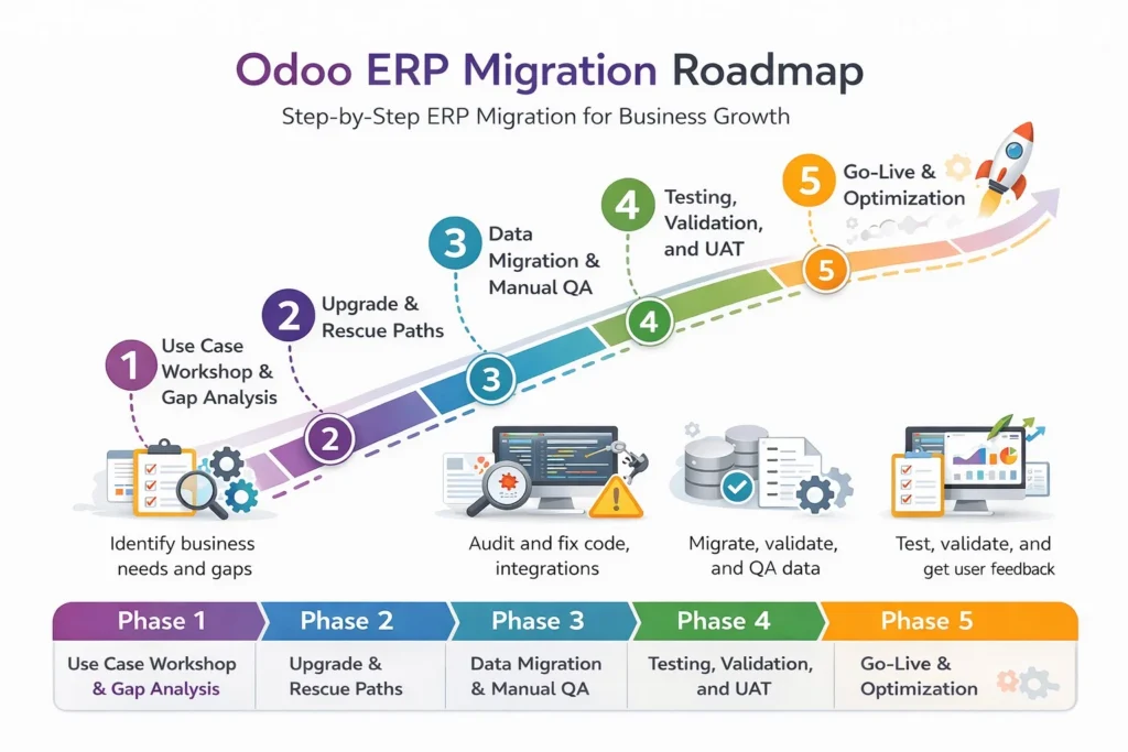 Step-by-step Odoo ERP migration roadmap from gap analysis to go-live by Dymaxel.