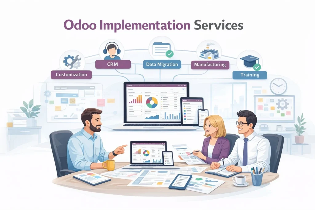 Odoo implementation services including CRM, data migration, manufacturing, and training.
