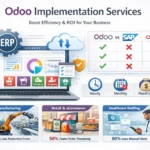 Odoo Implementation Services by Dymaxel showing ERP comparison with SAP and Oracle, including benefits for Manufacturing, Retail, and Healthcare industries.