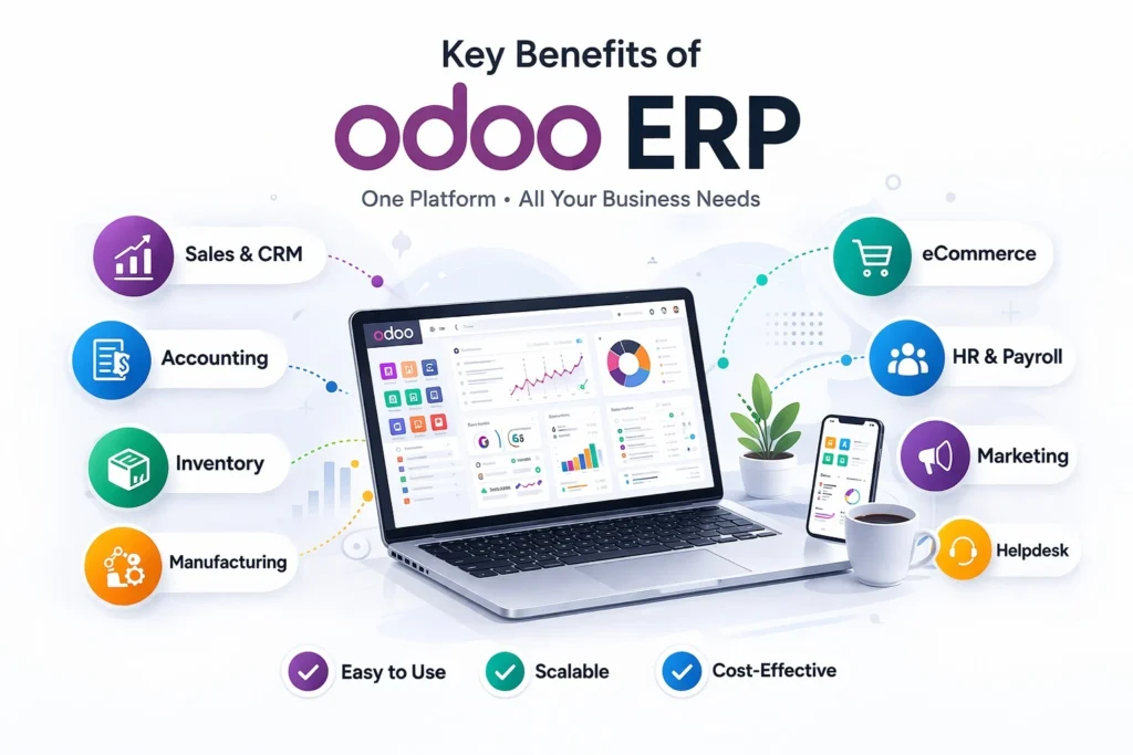 Odoo ERP Key Benefits infographic showing Sales, CRM, Accounting, Inventory, Manufacturing, eCommerce, HR, and Marketing modules on a laptop screen.