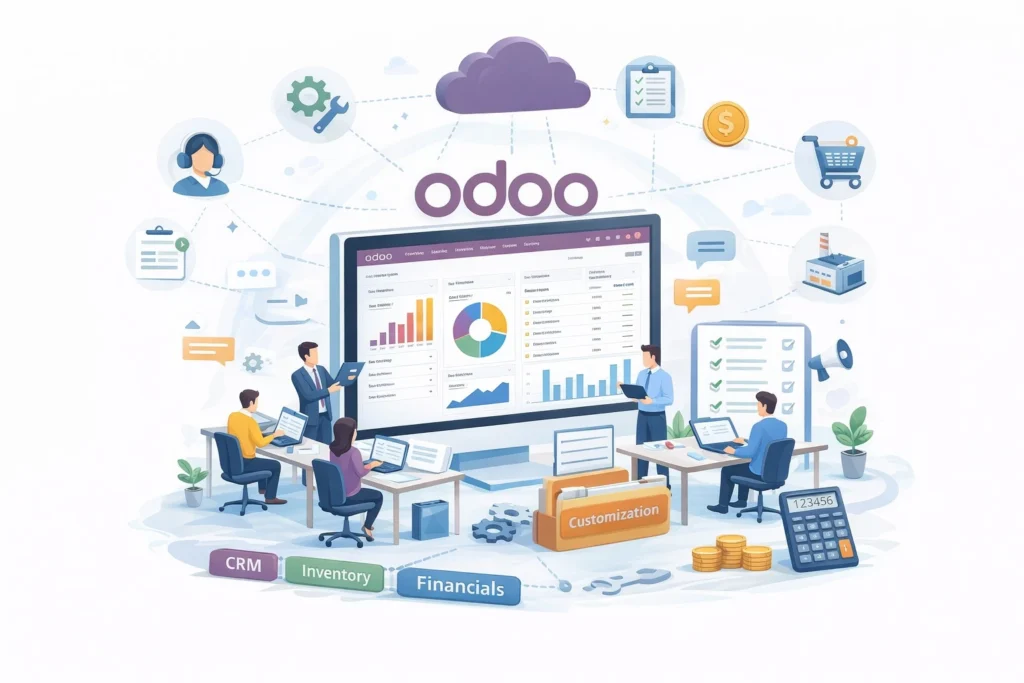 Odoo ERP cloud platform featuring inventory management, financials, and CRM modules for business automation.