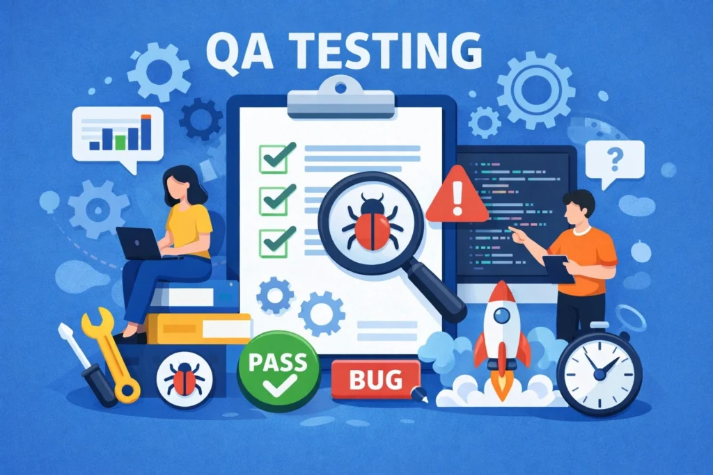 QA Testing infographic showing software testers finding bugs, checking checklists, and ensuring quality assurance with a magnifying glass and bug icons.